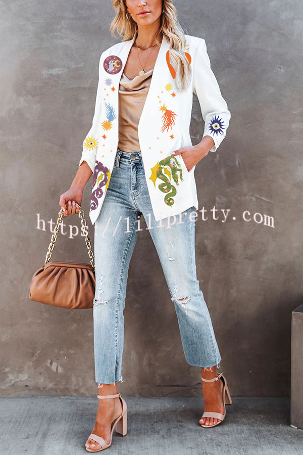 Lilipretty Standards Unique Print Pocketed Ruched Sleeve Casual Blazer