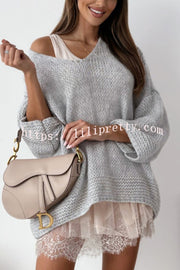 Solid Color Loose V-neck Casual Knitted Sweater