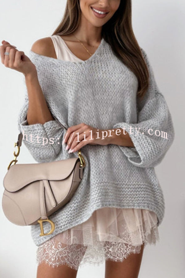 Solid Color Loose V-neck Casual Knitted Sweater