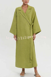 Linen Blend Solid Color Casual Lapel Tie Loose Maxi Dress