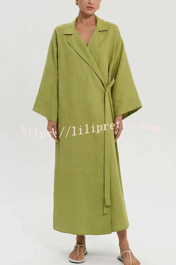 Linen Blend Solid Color Casual Lapel Tie Loose Maxi Dress