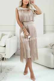 Elegant and Modern Draped Tassel Design Sleeveless Stretch Midi Dress