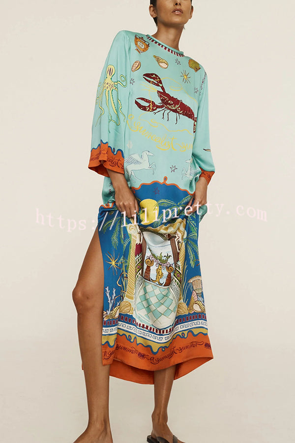 Satin Unique Print Long-sleeve Tie-waist Slit Maxi Dress