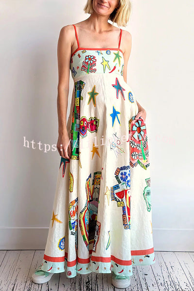 Lilipretty® Miami Happy Hour Linen Blend Unique Print Smocked Back Pocketed Midi Dress
