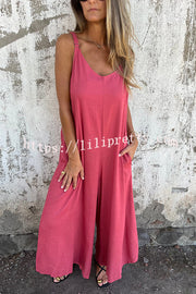 Linen Blend Solid Color Suspenders Loose Pockets Casual Wide-leg Jumpsuit