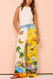 Lilipretty Kissed By The Sun Satin Unique Print Colorblock Elastic Waist Pocketed Wide Leg Pants
