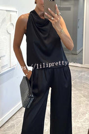Classic on You Satin High Cowl Neck Top and Elastic Waist Pocket Loose Pants Set