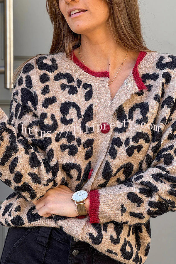 Leopard Print Crew Neck Long-sleeved Loose Knit Cardigan