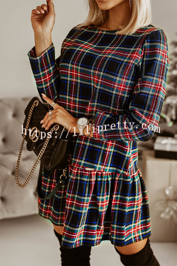 Fashionable Plaid Print Long Sleeve Round Neck Slim Fit Mini Dress