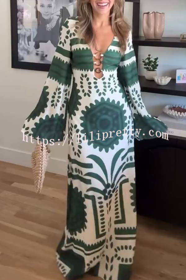Holiday Fashion Unique Print Front Center Hollow Ring Long Sleeve Maxi Dress