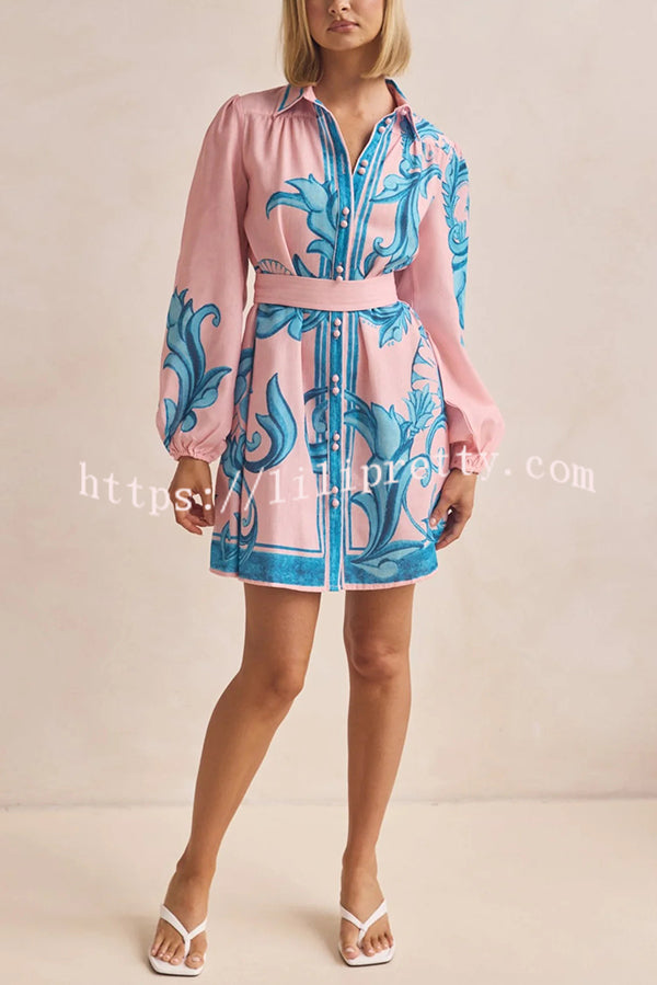 Botanical Print Lapel Puff Sleeve Vintage Belt Loose Mini Dress