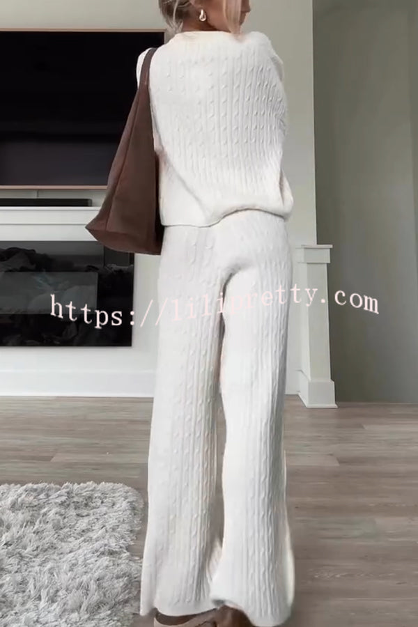 Autumn Travel Knit Cable Long Sleeve Sweater and Elastic High Waist Wide Leg Pants Set