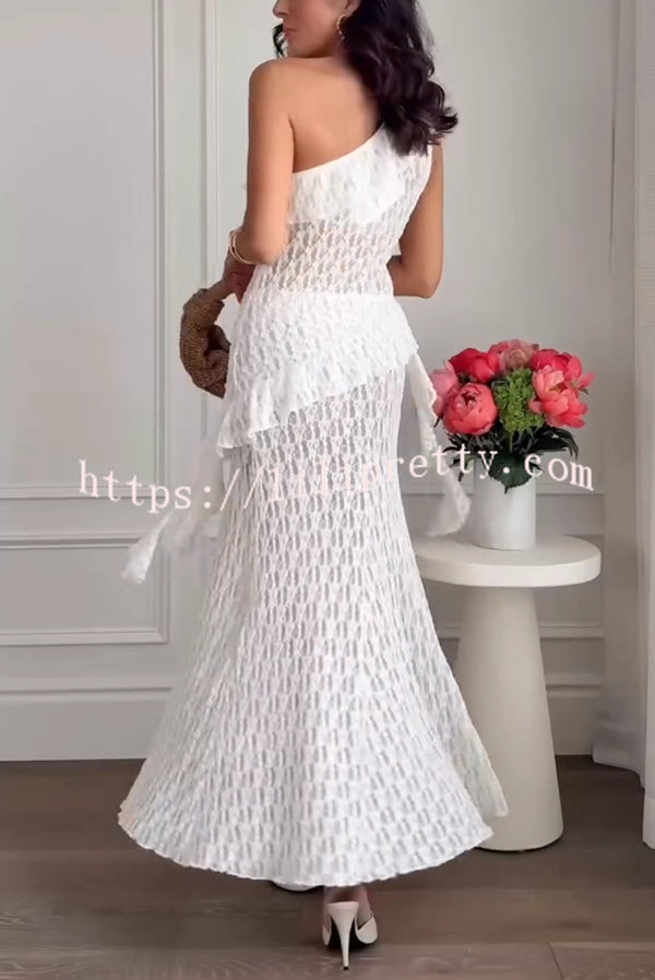 Solid Color Lace One Shoulder Ruffled Slim Fit Top