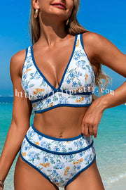 Solid Color Contrast High Waist Stretch Bikini Swimsuit