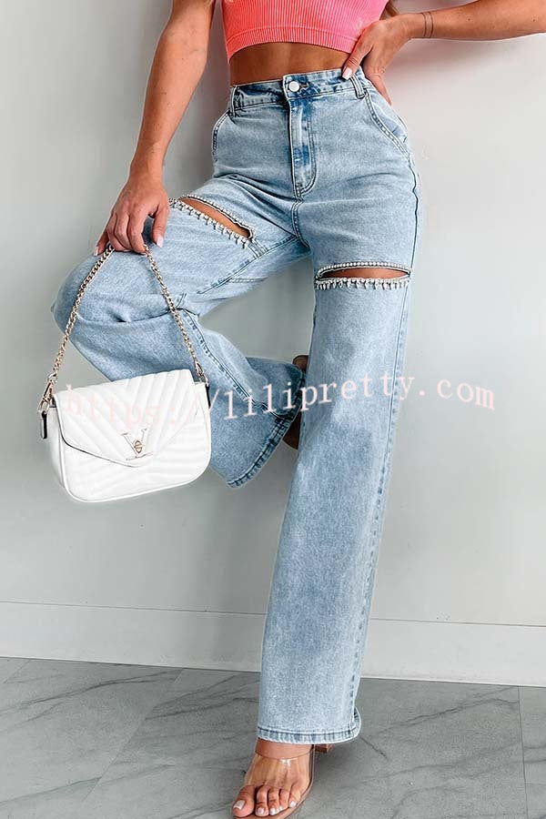 Blowing Your Mind Slit-Front Wide Leg Pocket Rhinestone Jeans