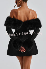 Cute and Luxe Faux Fur Trim Off Shoulder Bubble Shaped Mini Dress