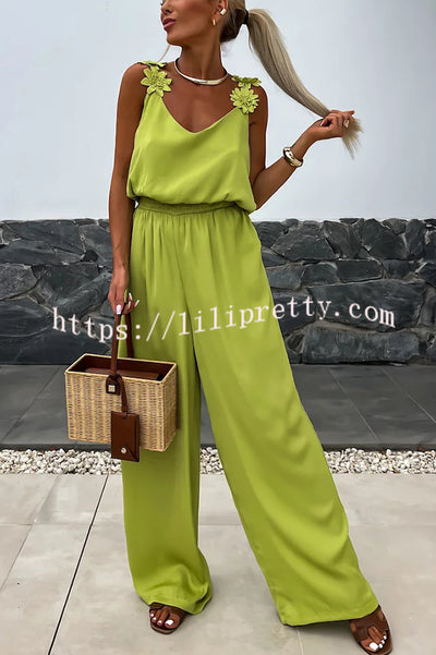 Solid Color Embroidered Flower Suspenders Casual Loose Jumpsuit