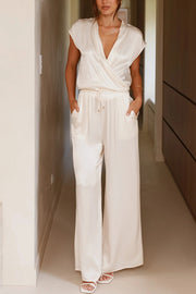 Brylee Satin Wrap Drape Style Top and Elastic Waist Pocket Wide Leg Pants Set