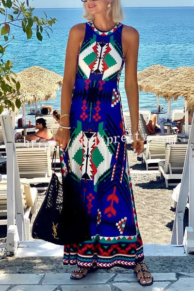 Unique Printed Round Neck Sleeveless Holiday Maxi Dress