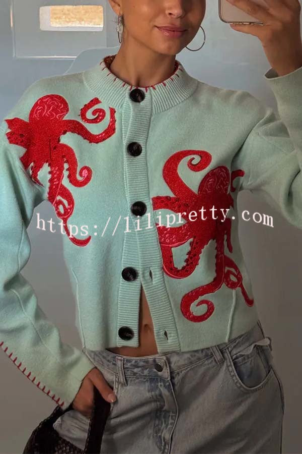 Coastal Fashion Knit Octopus Graphic Contrast Piping Button Up Loose Cardigan