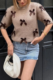 Stylish Bow Decoration Round Neck Puff Sleeve Casual Knit Sweater
