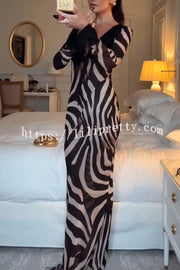 City Night Chiffon Colorblock Animal Print Tie-up Long Sleeve Maxi Dress