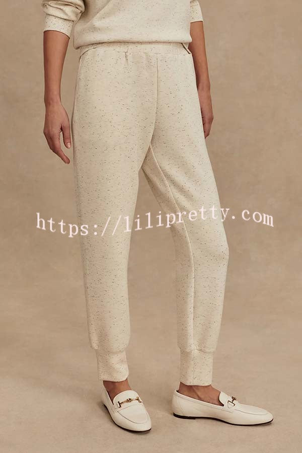 Ivory Marl Fleck Half-Zip Neck Long Sleeve Sweatshirt and Elastic Waist Pocket Jogger Set