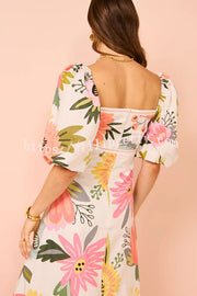 Lilipretty® Looking for Sunshine Floral Print Square Neck Bubble Sleeve Maxi Dress