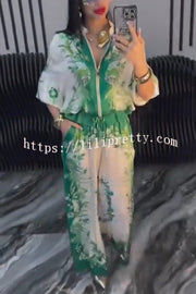 Unique Printed Casual Long-sleeved Loose Top and Elastic Waist Pocket Wide-leg Pants Set