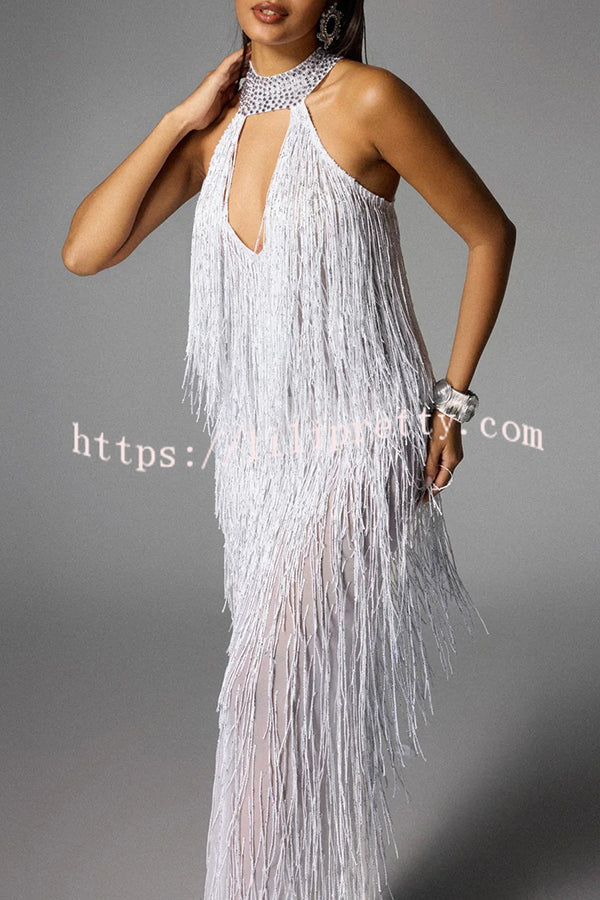 Glimmer Hour Shiny Layered Tassels Halter Cutout Neck Split Maxi Dress