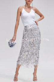 Evening Charm Layered Sequined Tassels High Rise Back Zipper Slit Midi Skirt