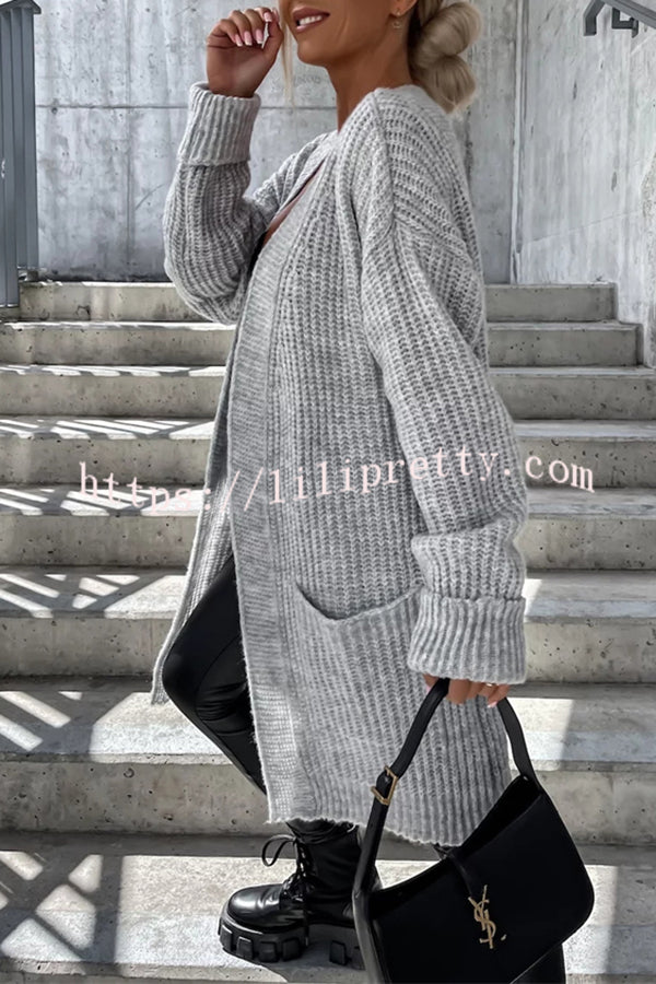 Lilipretty Solid Color Striped Pocket Long Sleeve Cardigan