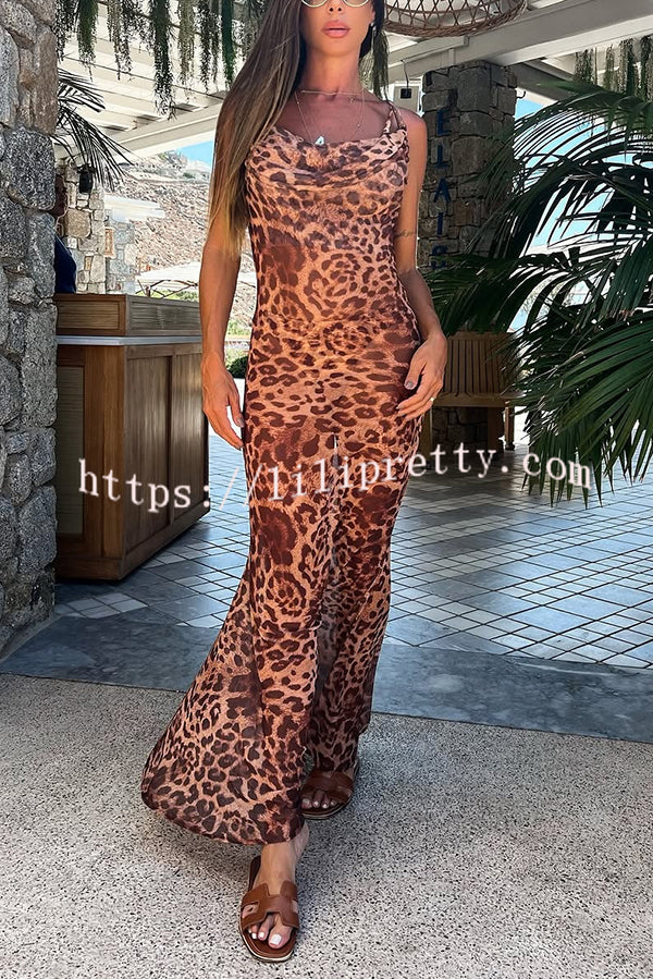 Leopard Print Sexy Strap Holiday Cover Up Maxi Dress