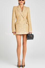 Heels Click Tweed Fabric Pearl Button Long Sleeve Lapel Blazer Mini Dress