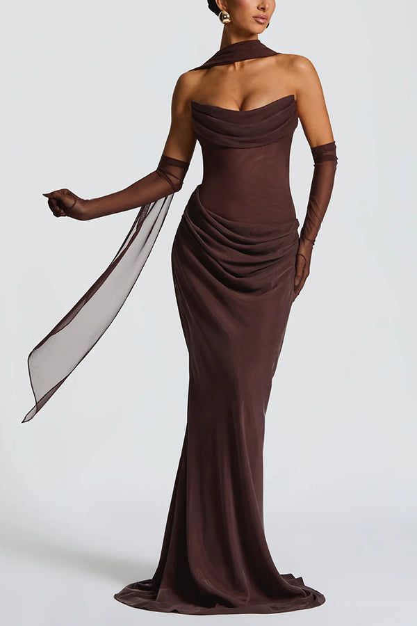 Liora Ruched Cowl Neck Sheer Mesh Waist Off Shoulder Scarf Maxi Dress