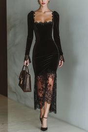 Fashionable Velvet and Lace Patchwork Square Neck Long-sleeved Maxi Dress