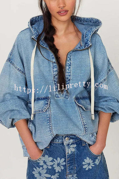 Fashion Loose Pocket Casual Denim Zipper Hoodie