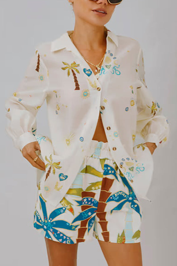 Linen Blend Resort Coconut Palm Print Long Sleeve Lapel Shirt and Elastic Waist Casual Pocket Shorts Set