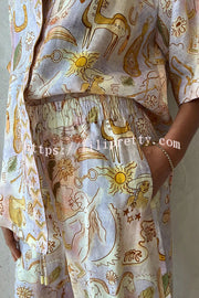 Lilipretty Knightly Linen Blend Mythological Pattern Elastic Waist Pocketed Wide Leg Pants