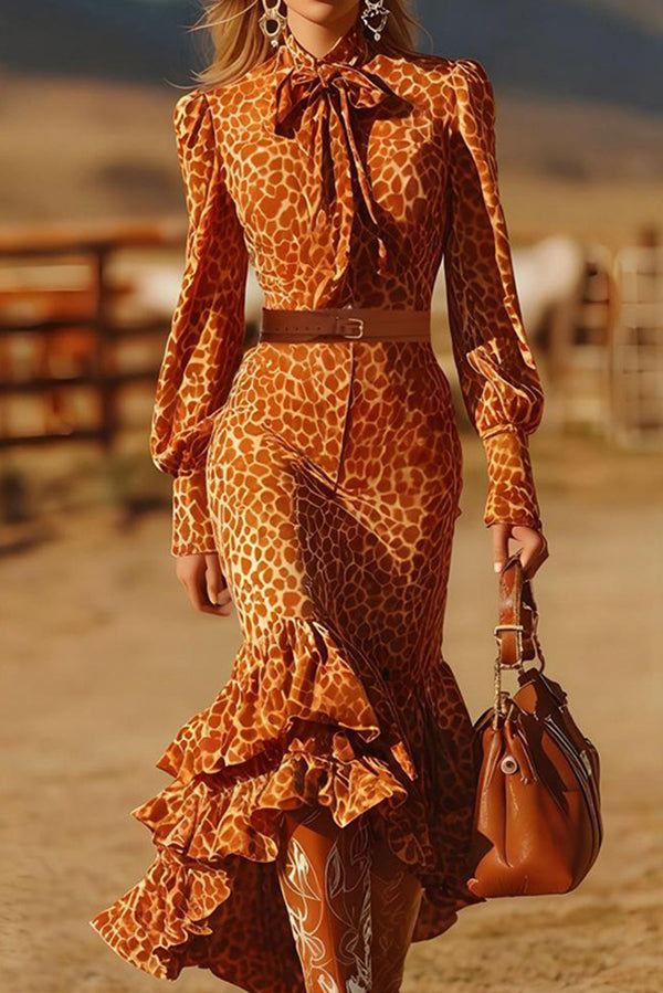 Leopard Print Long-sleeved Fitted Ruffle Maxi Dress
