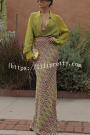 Moonlit Waltz Knit Jacquard Zigzag Print High Rise Stretch Flare Maxi Skirt