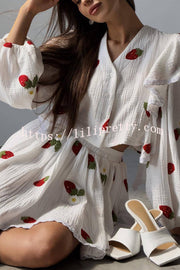 Lilipretty Ranier Cotton Linen Blend Strawberry Print Ruffle Blouse and Elastic Waist Mini Skirt Set