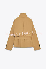 Chic Comfort Epaulettes Contrast Buttons Pocket Belt Cropped Trench Coat