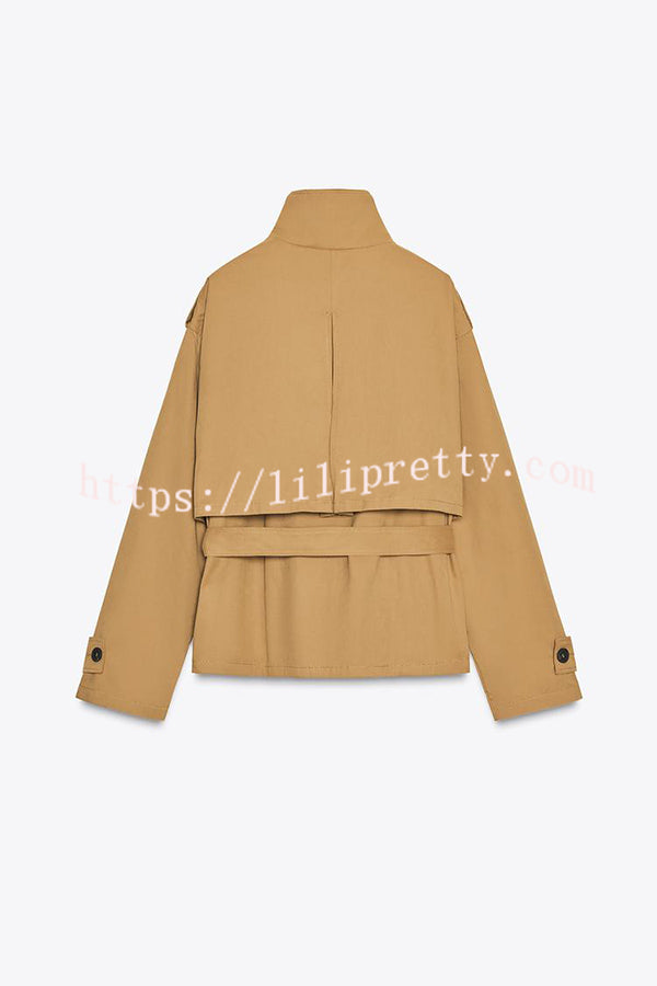 Chic Comfort Epaulettes Contrast Buttons Pocket Belt Cropped Trench Coat