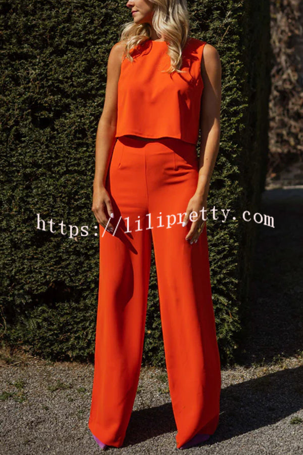 Modern and Elegant Solid Crop Tank and High Rise Flare Loose Pants Set