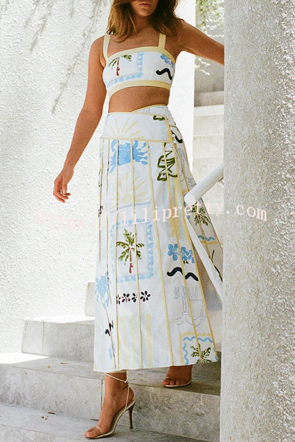 Estelle Linen Blend Unique Print Contrast Tank and Wrap Panel Slit Maxi Skirt Set