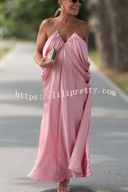 Venus Satin V-neck Draped Pleated Slip Loose Maxi Dress
