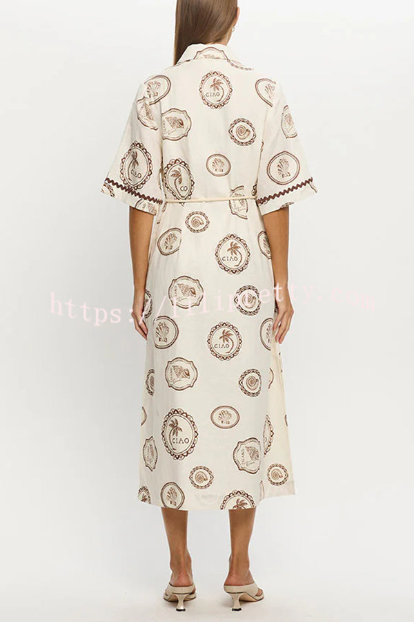 Resort Style Print Lapel Short Sleeves Casual Pocket Waist Tie Loose Midi Dress