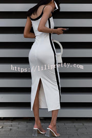 Contrast Color Patchwork Slim Fit Slit Suspender Midi Dress