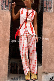 Good Luck Linen Blend Koi Pattern Metal Buttons Waisted Vest
